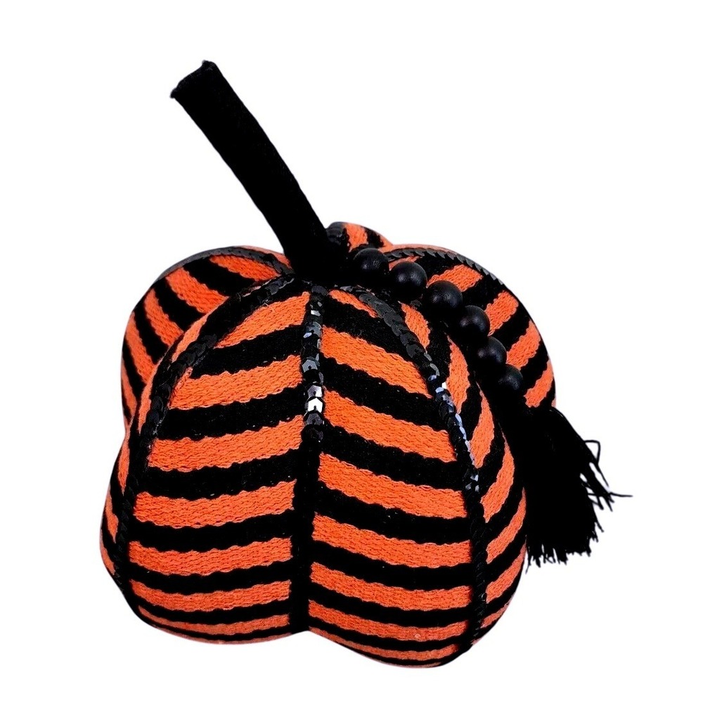 Orange Black Striped Fabric Pumpkin Halloween Decor Sequin Beaded Tassel Accent - Picture 3 of 7